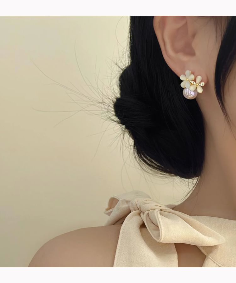 Ear / Eye Faux Earring Cuff Designs) Cat Stone Alloy (Various Floral Pearl Stud