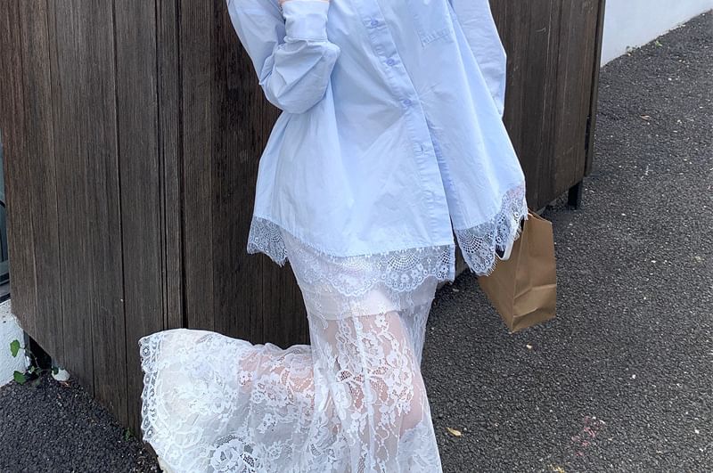 Collared Lace Shirt with Pencil Skirt Set
