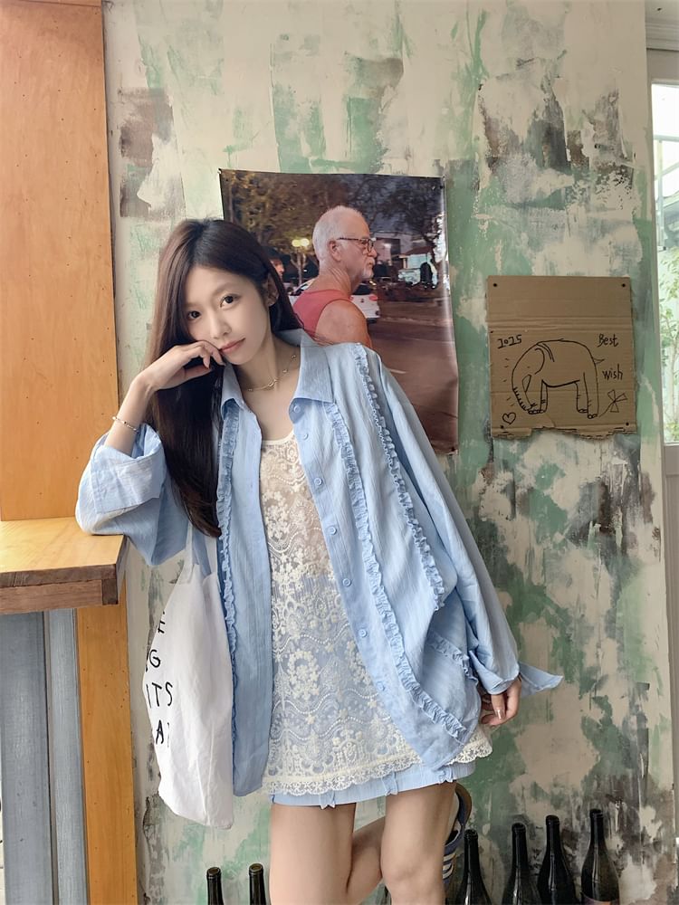 Frill Collared Shirt with Shorts and Tank