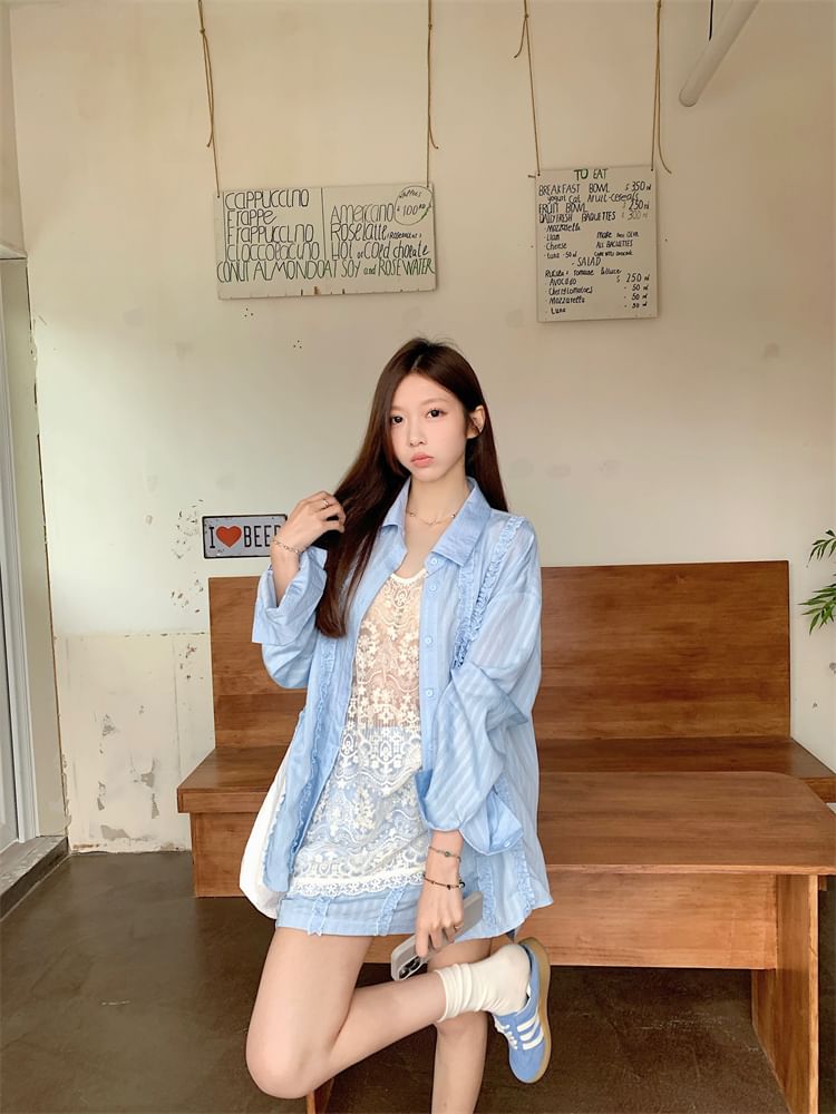 Frill Collared Shirt with Shorts and Tank