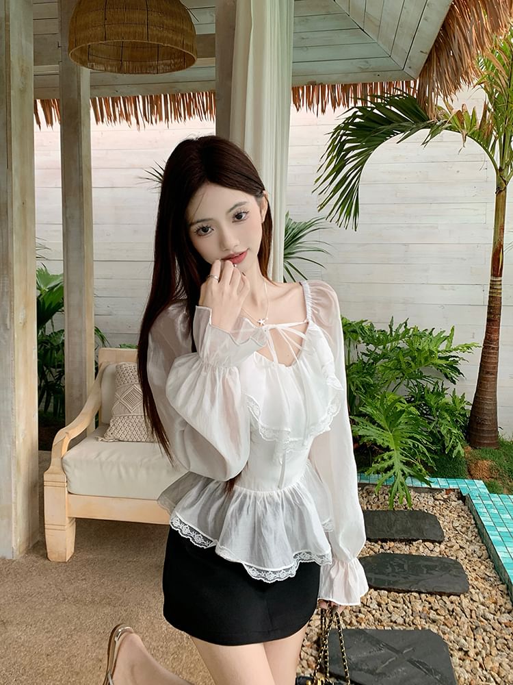 Puff-Sleeve Peplum Blouse with Lace and Mini Skirt