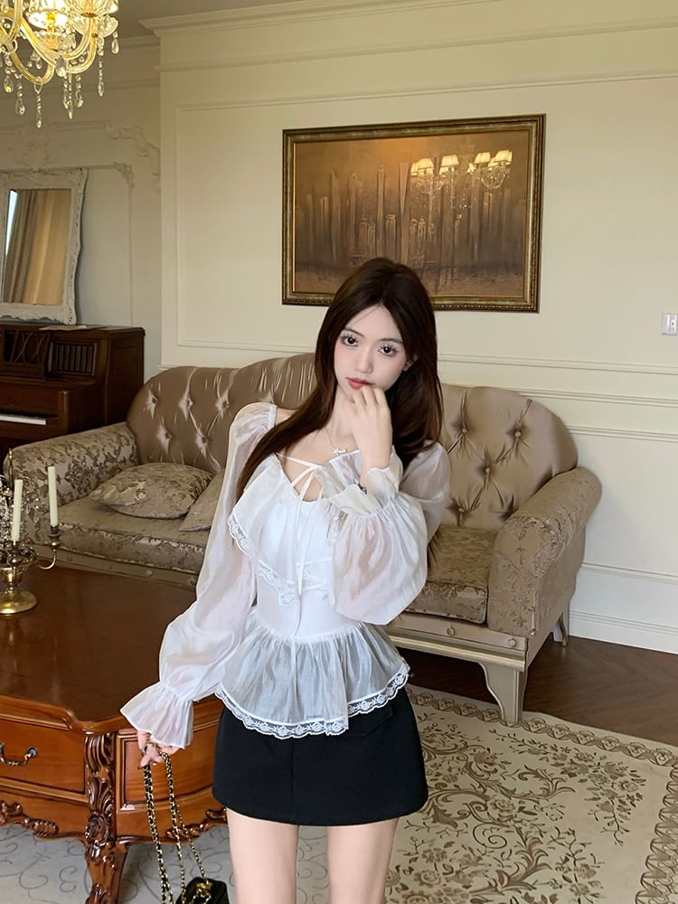 Puff-Sleeve Peplum Blouse with Lace and Mini Skirt