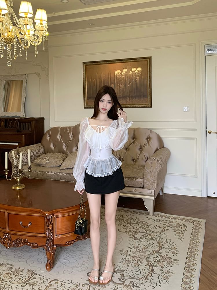 Puff-Sleeve Peplum Blouse with Lace and Mini Skirt