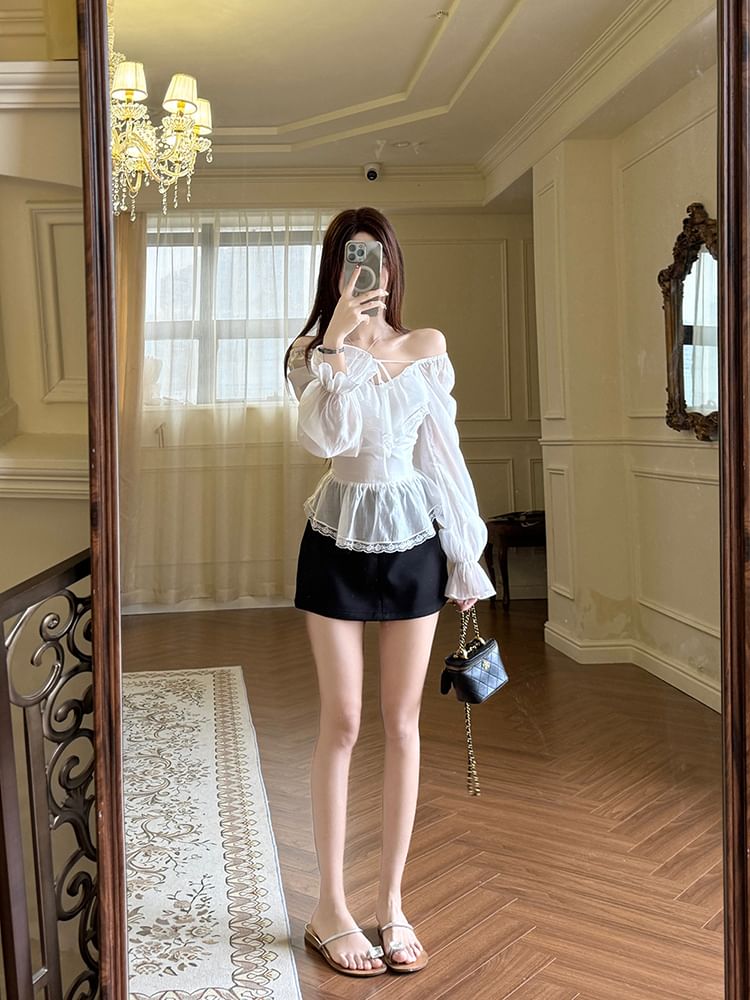 Puff-Sleeve Peplum Blouse with Lace and Mini Skirt