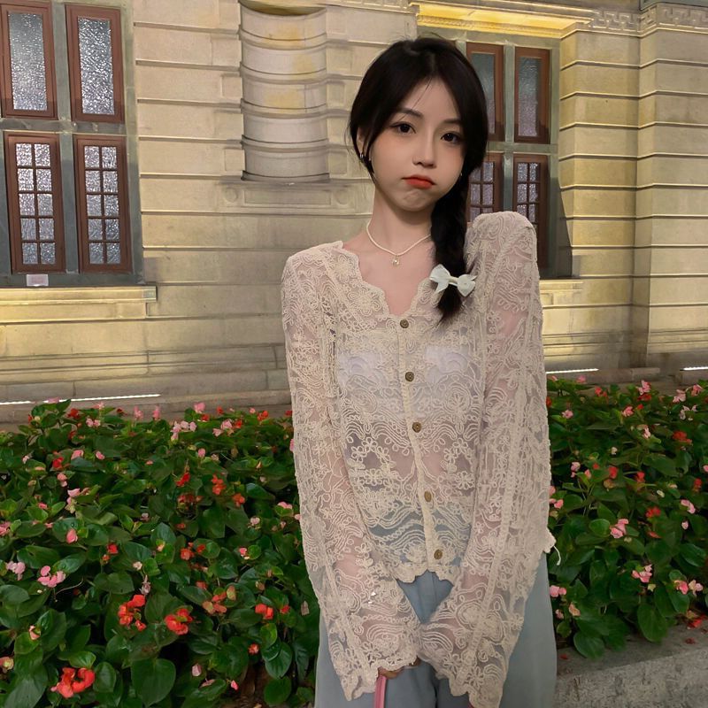 V-Neck Long-Sleeved Lace Button-Up - LaceLux