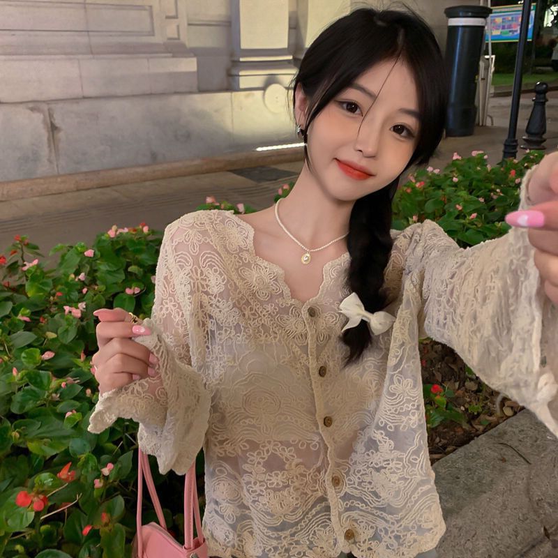 V-Neck Long-Sleeved Lace Button-Up - LaceLux