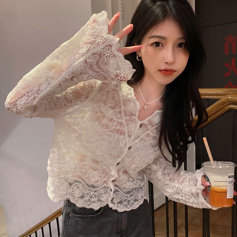 V-Neck Long-Sleeved Lace Button-Up - LaceLux