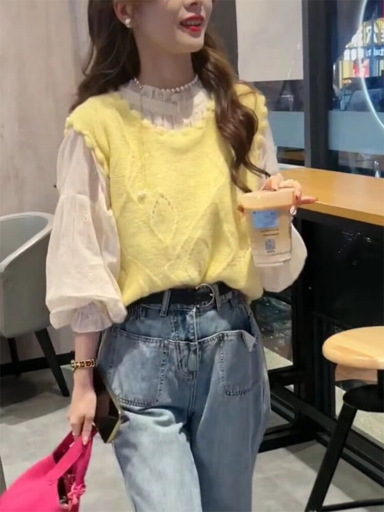 Ruffled Puff-Sleeve Blouse with Knit Vest - LaceLux