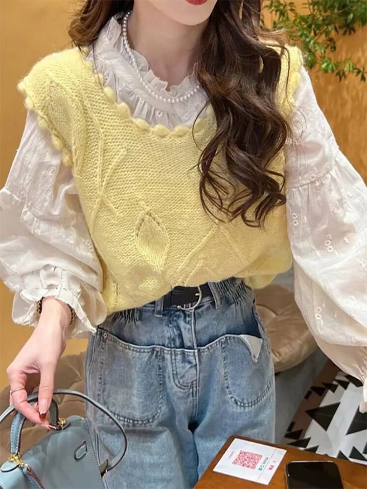 Ruffled Puff-Sleeve Blouse with Knit Vest - LaceLux