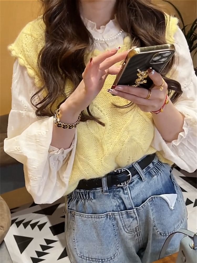Ruffled Puff-Sleeve Blouse with Knit Vest - LaceLux