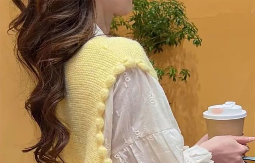 Ruffled Puff-Sleeve Blouse with Knit Vest - LaceLux