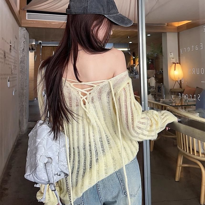 Distressed Lace-Up Knit Top - LaceLux