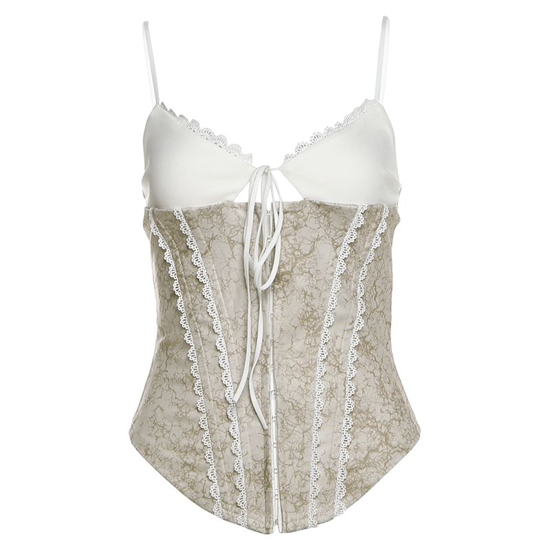 Denim-Paneled Cami with Lace Trim and Tie