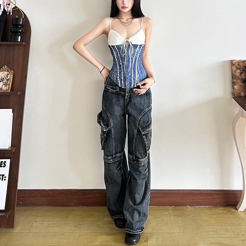 Denim-Paneled Cami with Lace Trim and Tie
