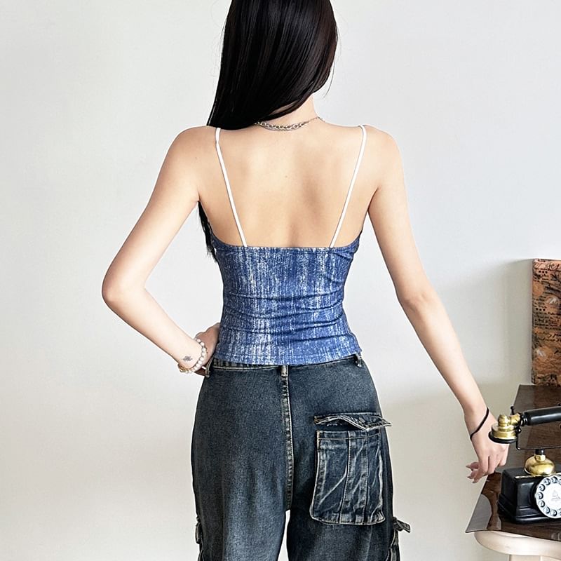 Denim-Paneled Cami with Lace Trim and Tie