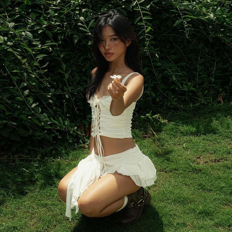 Tie-Up Crop Tank with Lace and Mini Skirt
