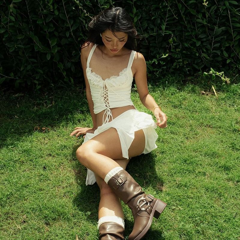 Tie-Up Crop Tank with Lace and Mini Skirt