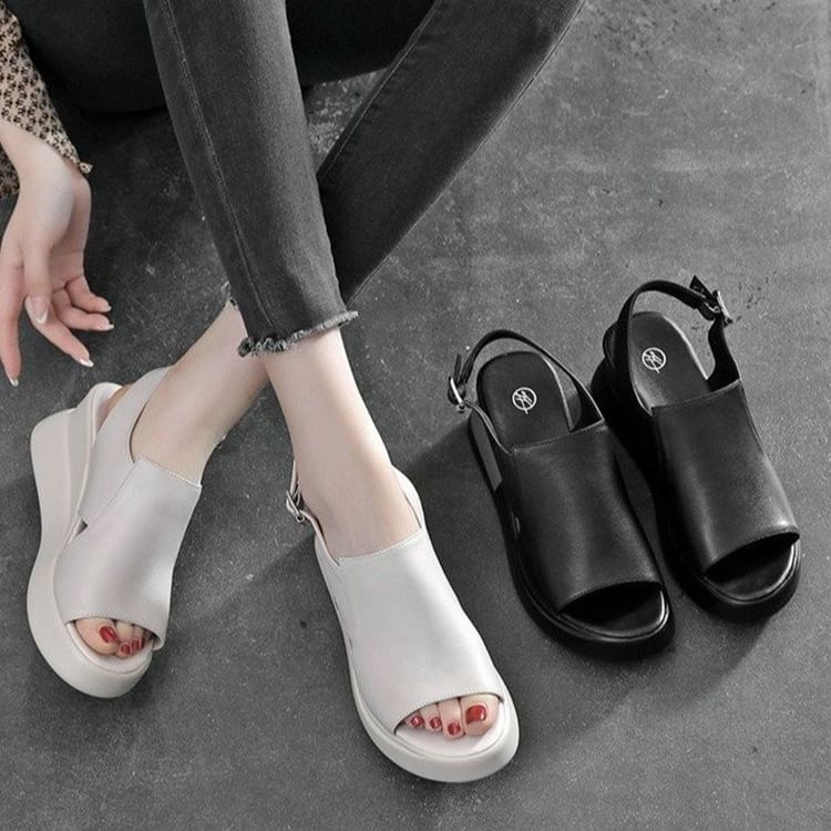 Slingback Sandals Plain Wedge Faux Heel Leather