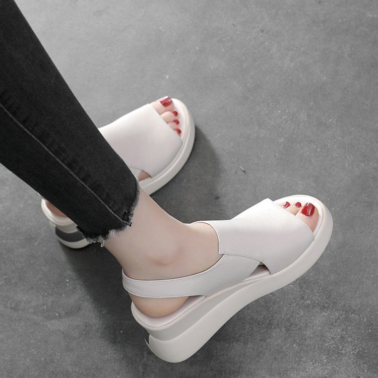 Slingback Sandals Plain Wedge Faux Heel Leather