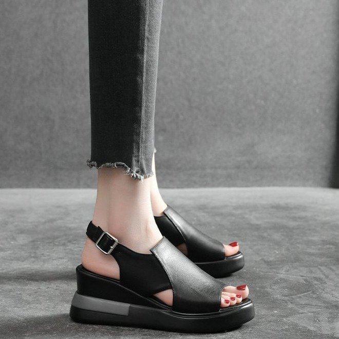 Slingback Sandals Plain Wedge Faux Heel Leather