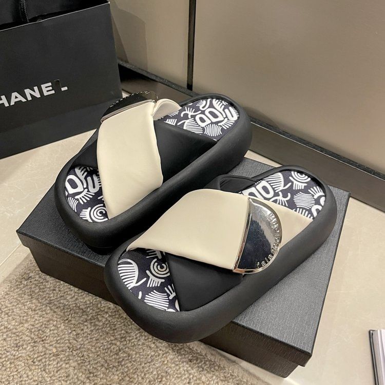 Cross Leather Two Platform Sandals Tone Strap Faux