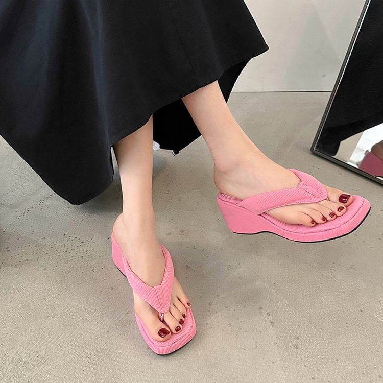 Thong Wedge Toe Heel Square Sandals