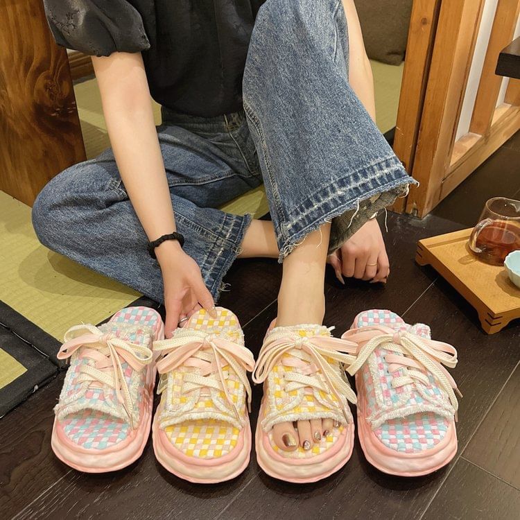 Frayed Platform Sandals Sneakers Lace-Up Checkerboard