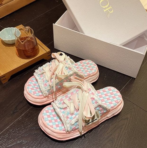 Frayed Platform Sandals Sneakers Lace-Up Checkerboard