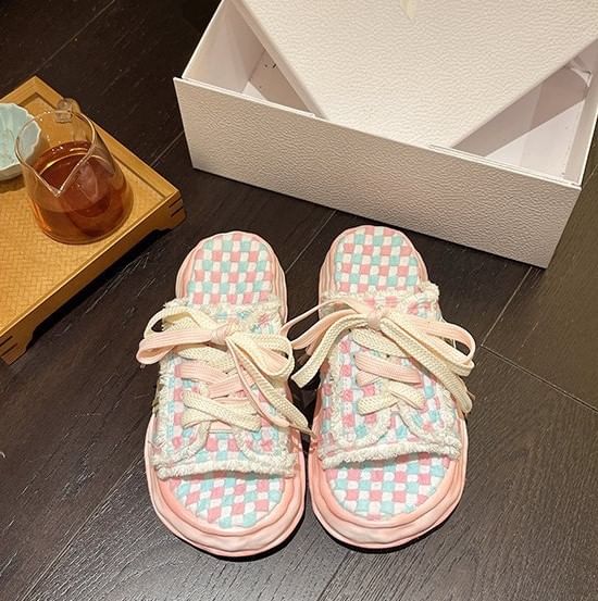 Frayed Platform Sandals Sneakers Lace-Up Checkerboard