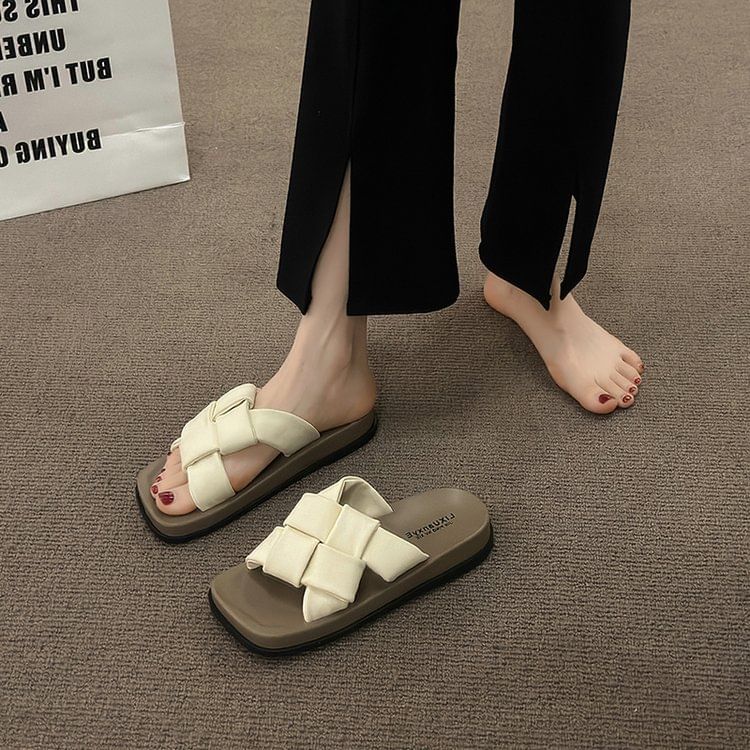 Woven Toe Sandals Leather Square Faux Platform