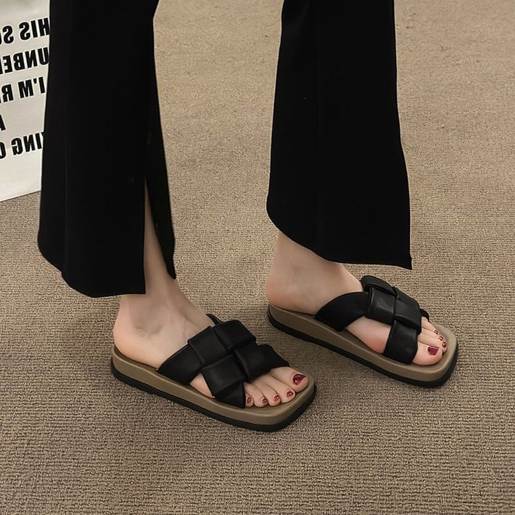 Woven Toe Sandals Leather Square Faux Platform