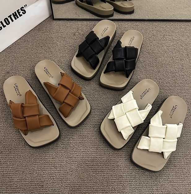 Woven Toe Sandals Leather Square Faux Platform