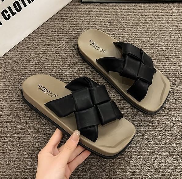 Woven Toe Sandals Leather Square Faux Platform