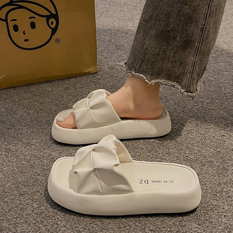 Slide Faux Platform Leather Ruched Sandals Plain