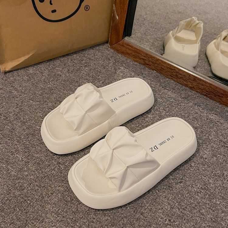 Slide Faux Platform Leather Ruched Sandals Plain