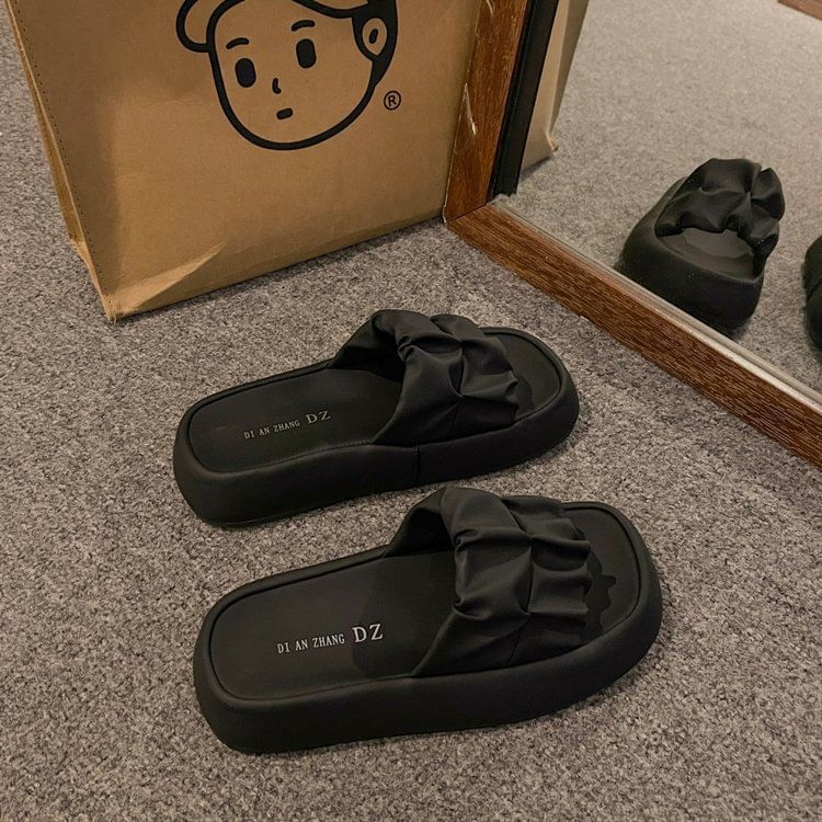 Slide Faux Platform Leather Ruched Sandals Plain