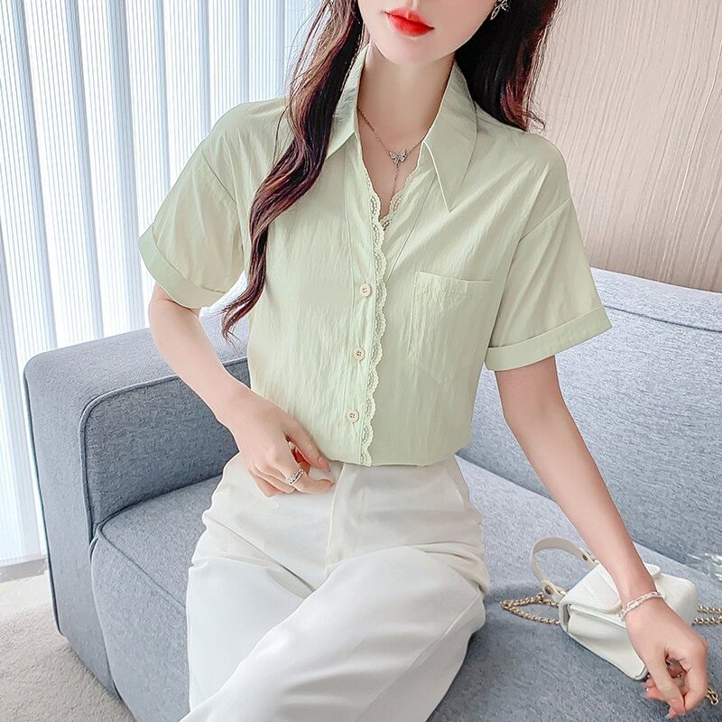 Button-Up Lace Blouse with Collar and Short Sleeves