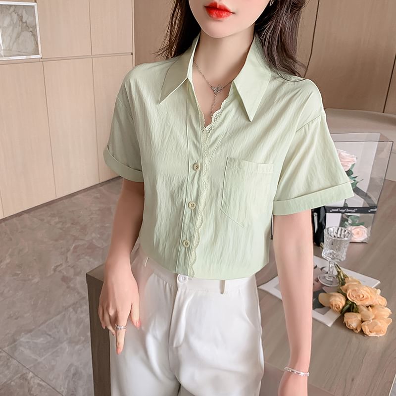 Button-Up Lace Blouse with Collar and Short Sleeves