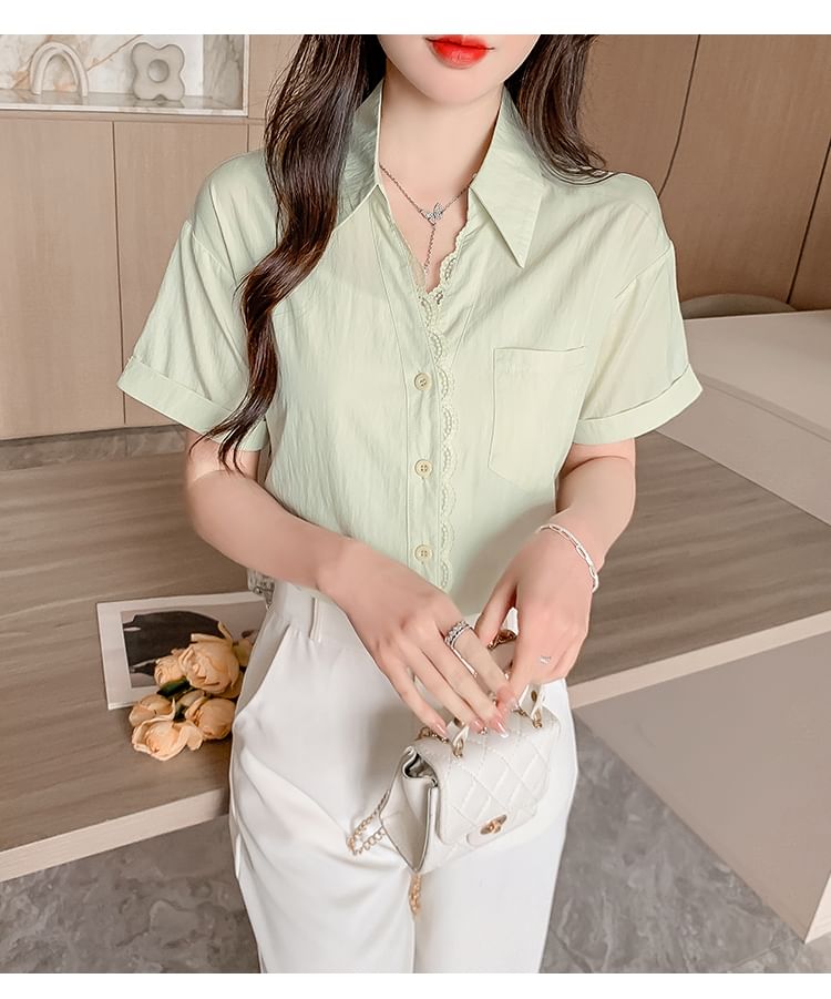 Button-Up Lace Blouse with Collar and Short Sleeves
