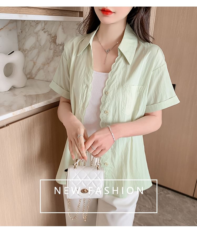 Button-Up Lace Blouse with Collar and Short Sleeves