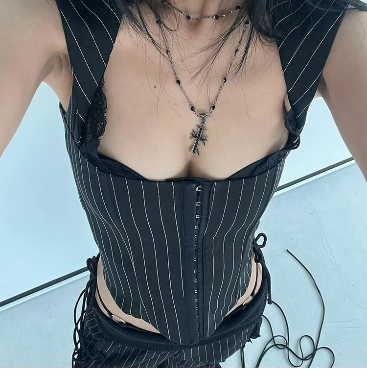 Striped Halter Crop Top with Lace Panels