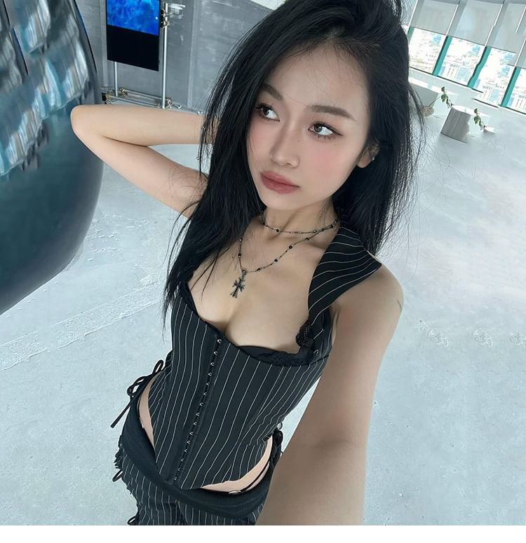 Striped Halter Crop Top with Lace Panels