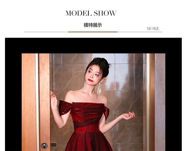 Glitter Maternity Evening Off-Shoulder Gown Ruched A-Line Short-Sleeve