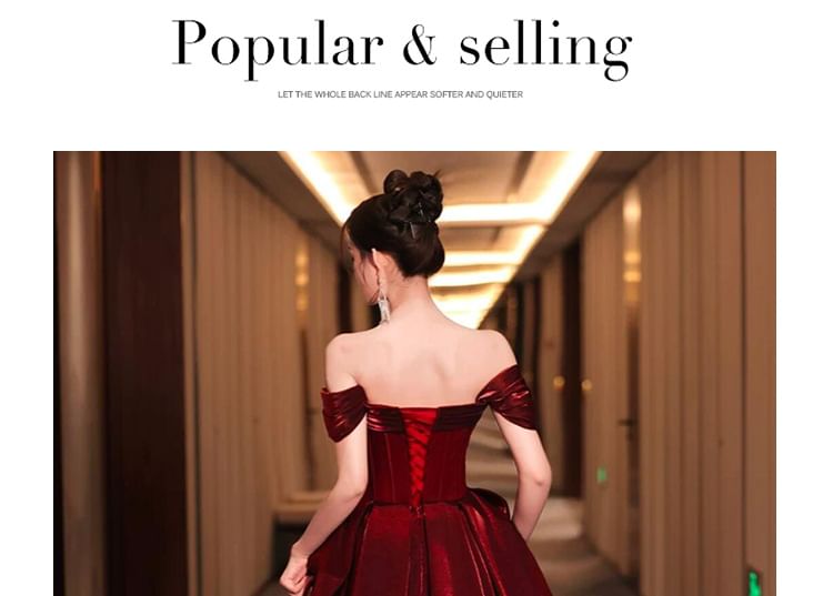 Glitter Maternity Evening Off-Shoulder Gown Ruched A-Line Short-Sleeve