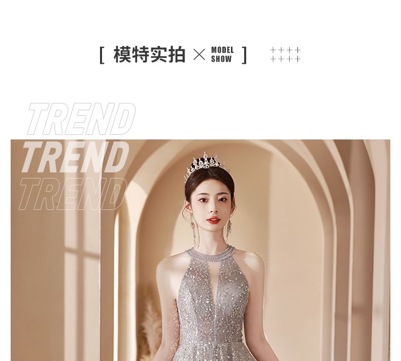 Neck Sequin Gown Cutout Halter A-Line Evening