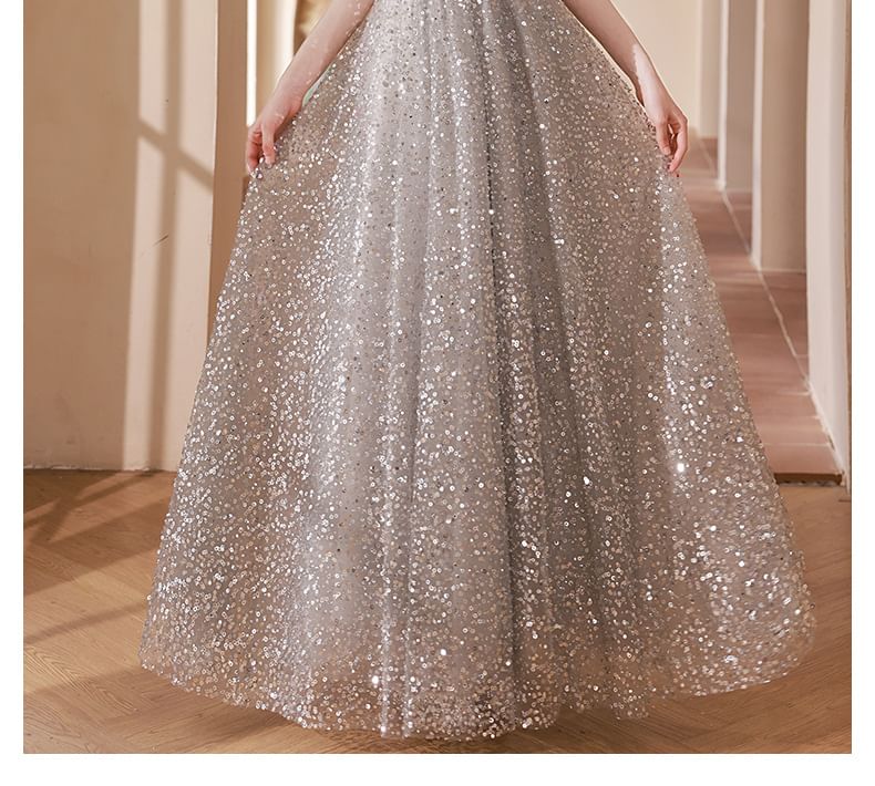 Neck Sequin Gown Cutout Halter A-Line Evening