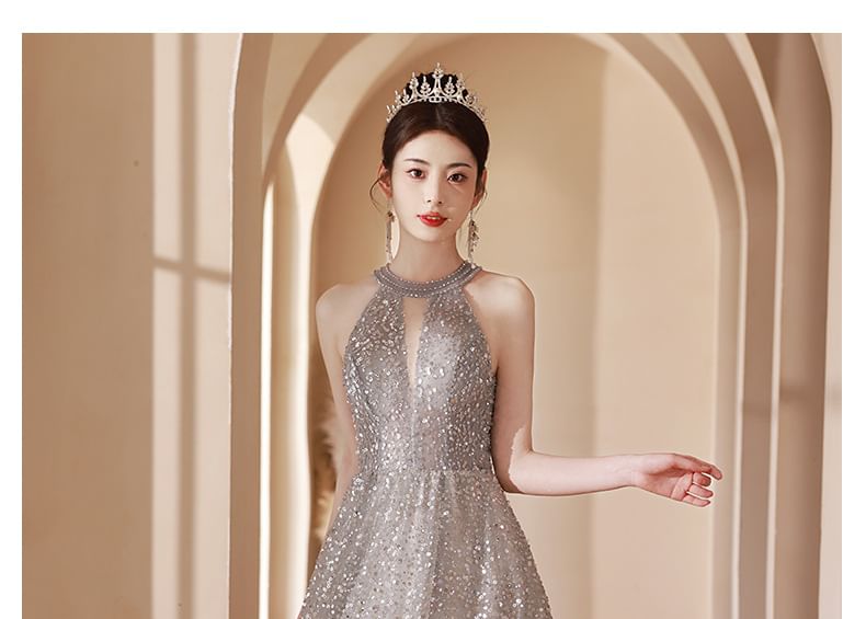 Neck Sequin Gown Cutout Halter A-Line Evening