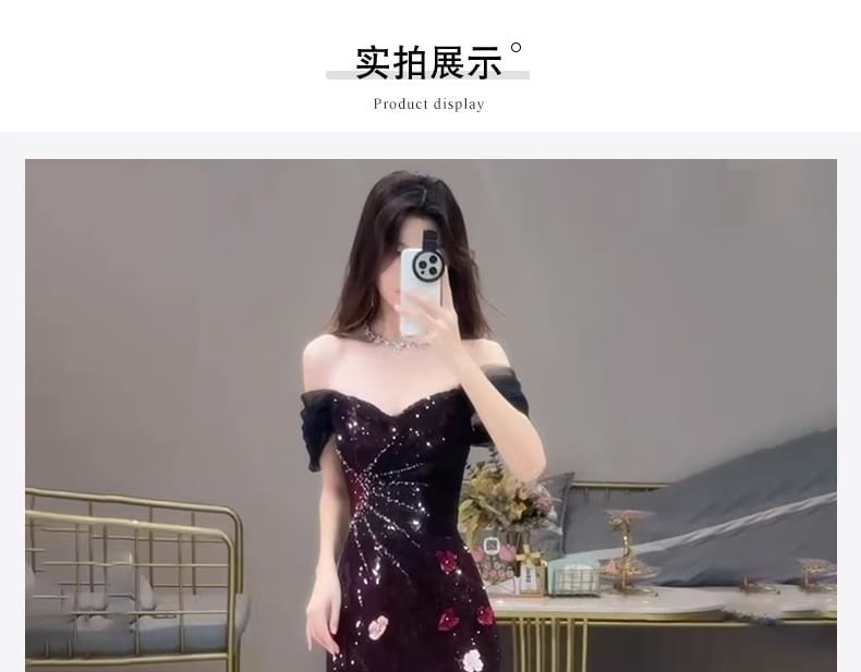 Accent Evening Floral Sequin Gown Mermaid Short-Sleeve Off-Shoulder