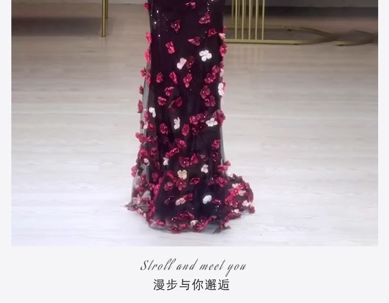 Accent Evening Floral Sequin Gown Mermaid Short-Sleeve Off-Shoulder