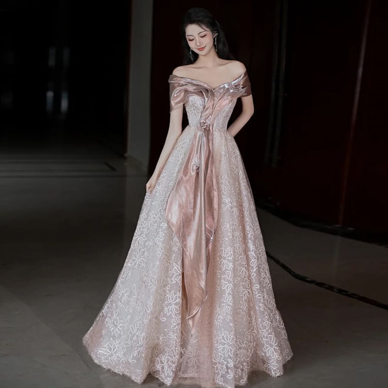 Lace Off-Shoulder Gown Evening Floral Short-Sleeve Accent A-Line